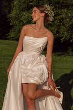 Strapless Mini Bridal Dress with 3D Structured Rose and Removable Skirt Train