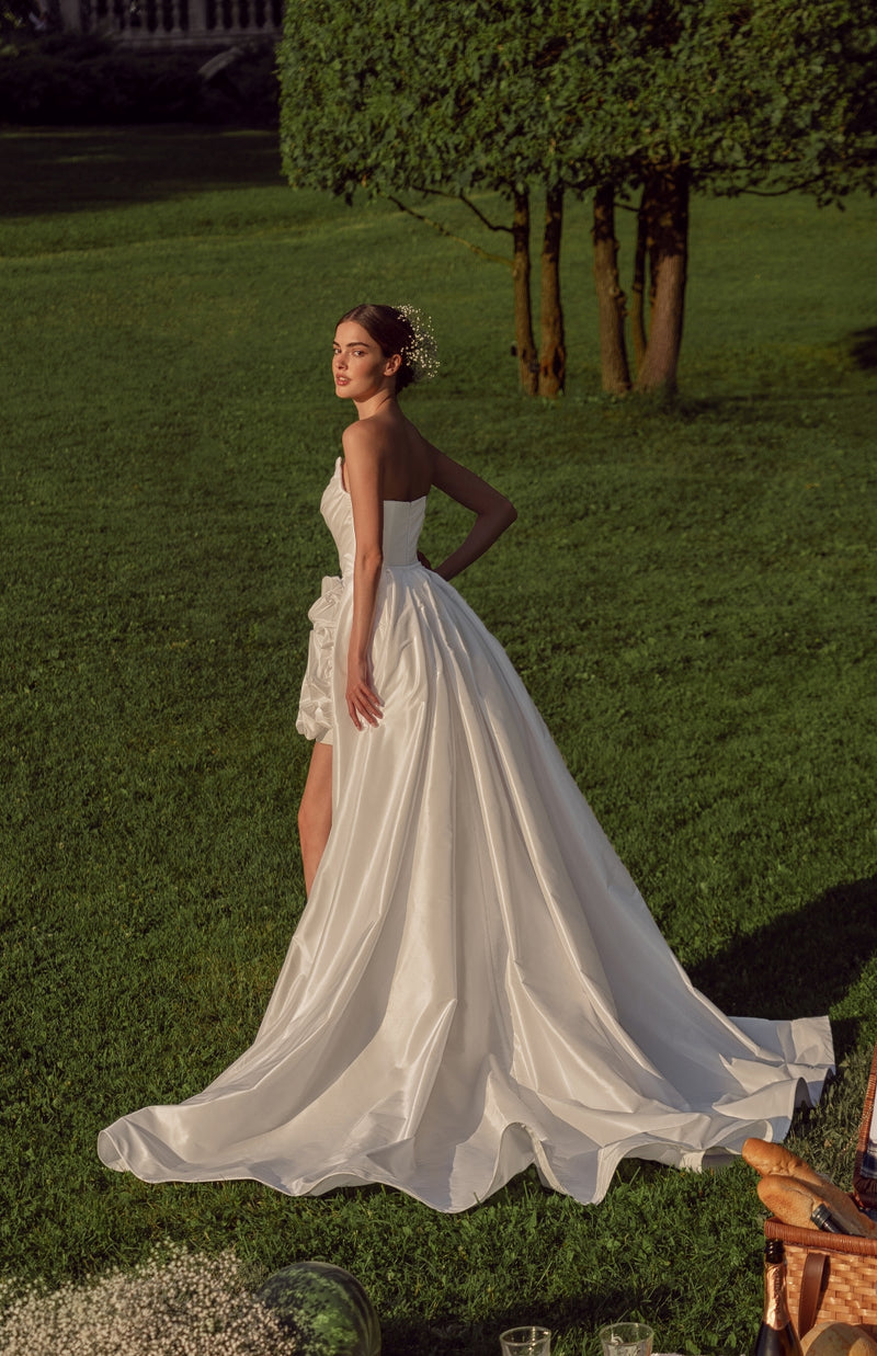 Strapless Mini Bridal Dress with 3D Structured Rose and Removable Skirt Train