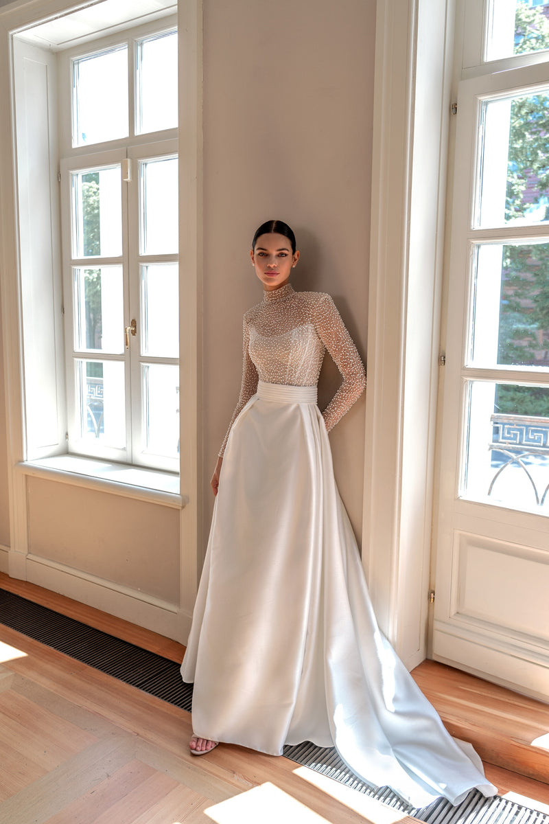 Elegant Illusion Long Sleeve High Neck A-Line Wedding Dress With Pearl