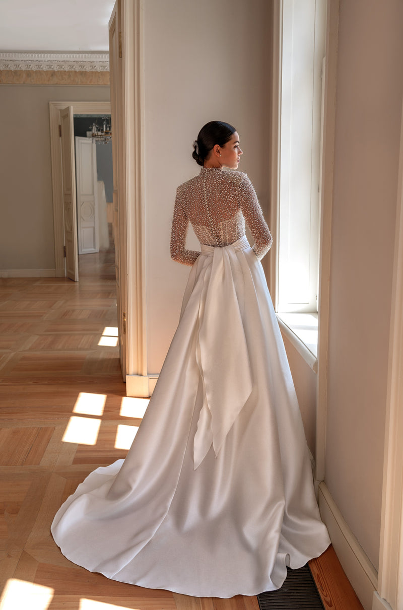 Elegant Illusion Long Sleeve High Neck A-Line Wedding Dress With Pearl