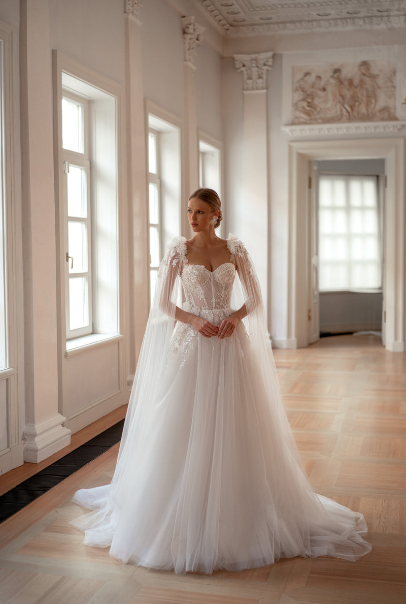 Sweetheart Bodice A-Line Tulle Wedding Dress with 3D Flowers and Removable Wings