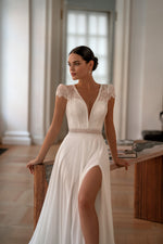 V-Neck A-Line Wedding Dress with Open Back and Slit