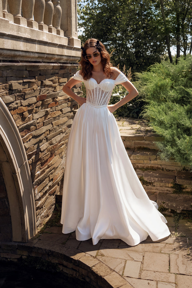 Off-Shoulder A-Line Corset Wedding Dress with Long Train