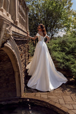 Off-Shoulder A-Line Corset Wedding Dress with Long Train