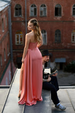 Strapless Draped Fitted Long Evening Dress with Asymmetrical Skirt and Daring Thigh Slit