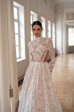 Romantic A-Line Long Sleeve High Neck Wedding Gown with Floral Lace