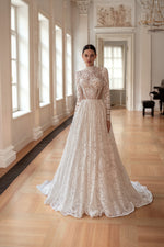 Romantic A-Line Long Sleeve High Neck Wedding Gown with Floral Lace