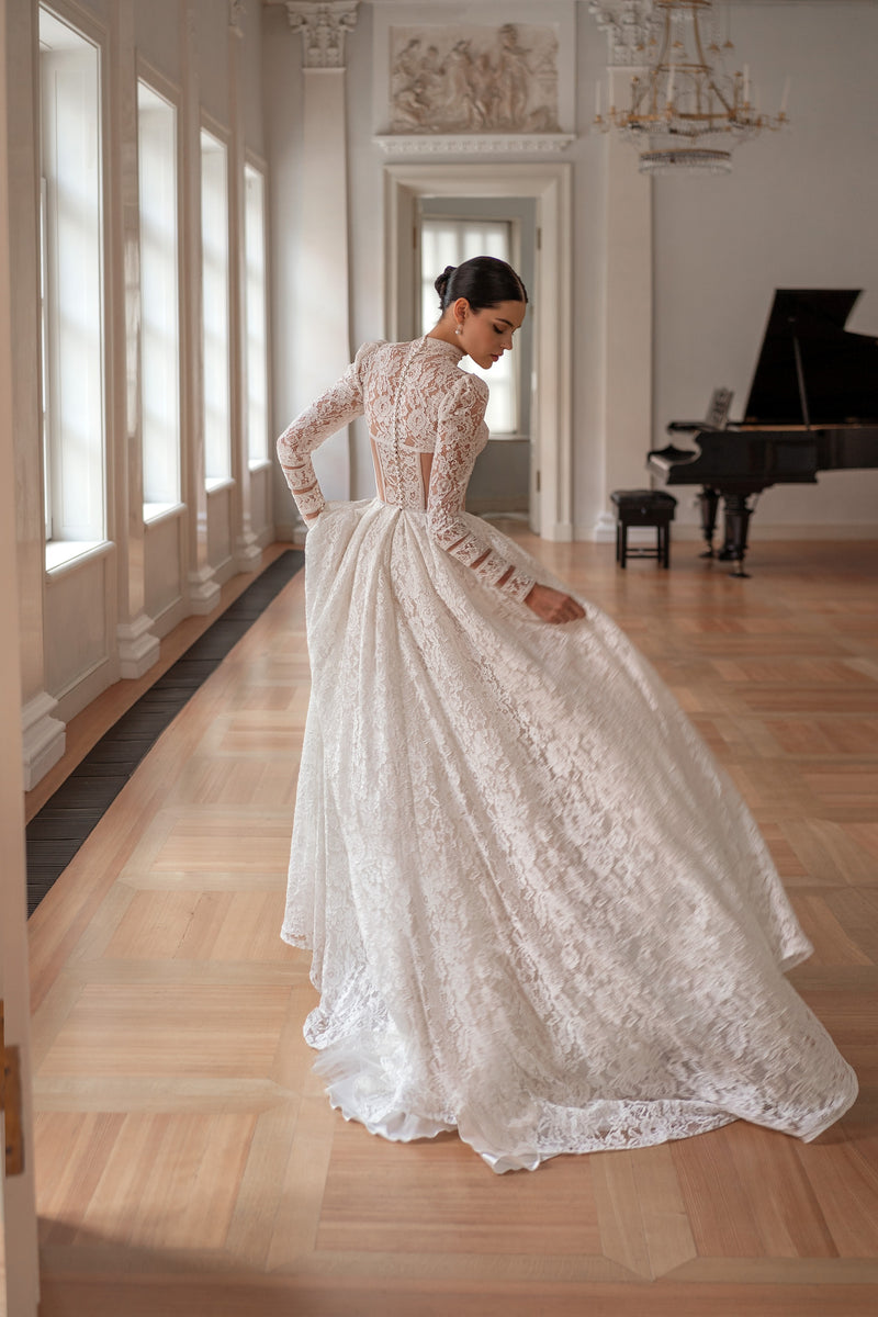 Romantic A-Line Long Sleeve High Neck Wedding Gown with Floral Lace