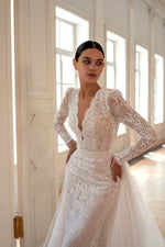 Long Sleeve Mermaid Lace Wedding Dress with Removable Train