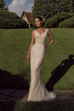 Dreamy V-Neck Sparkle Mermaid Wedding Dress with Striking Volumetric Floral Cape