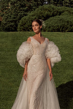 Dreamy V-Neck Sparkle Mermaid Wedding Dress with Striking Volumetric Floral Cape