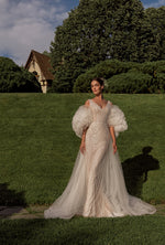 Dreamy V-Neck Sparkle Mermaid Wedding Dress with Striking Volumetric Floral Cape