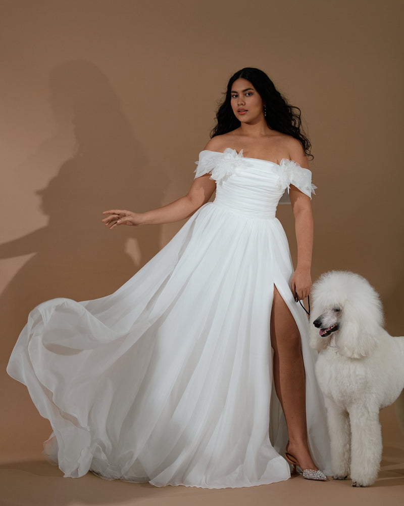 Off-the-shoulder A-Line Organza Wedding Dress with 3-D Flower Shoulder Detail and Side Slit