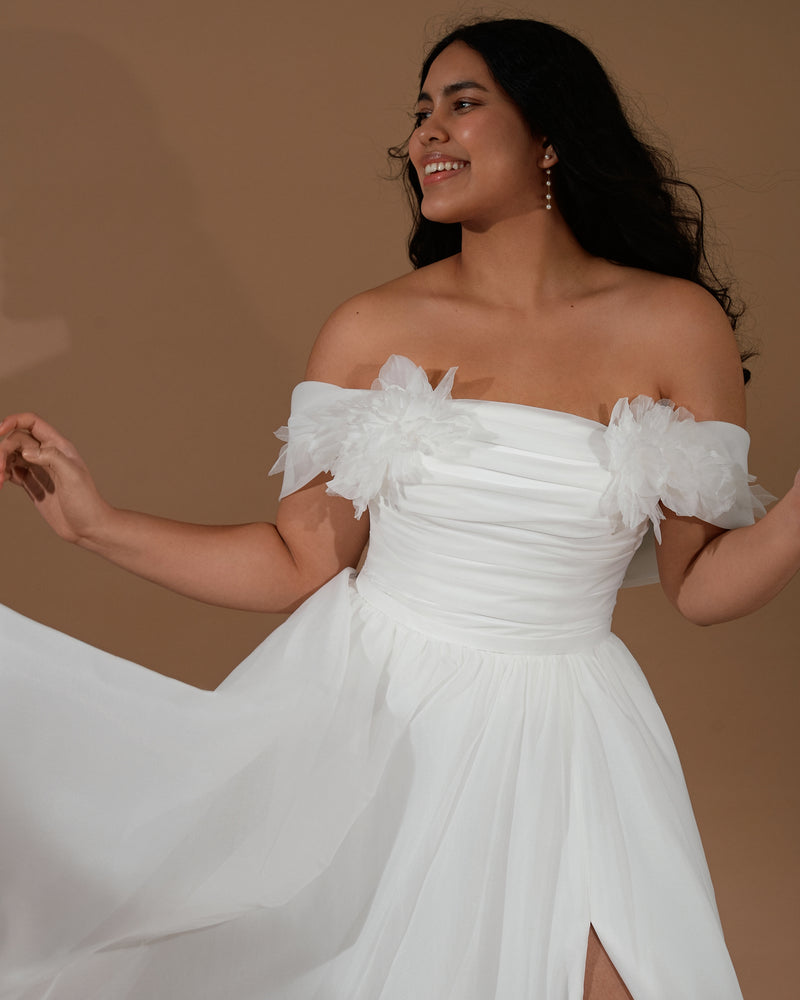 Off-the-shoulder A-Line Organza Wedding Dress with 3-D Flower Shoulder Detail and Side Slit