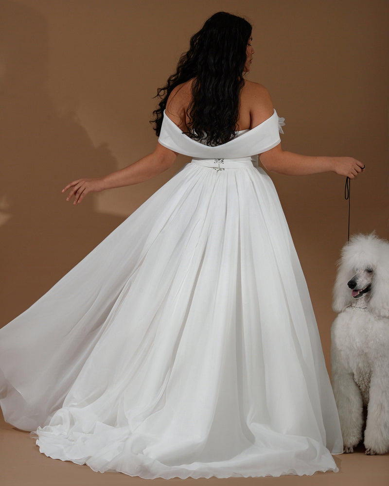 Off-the-shoulder A-Line Organza Wedding Dress with 3-D Flower Shoulder Detail and Side Slit