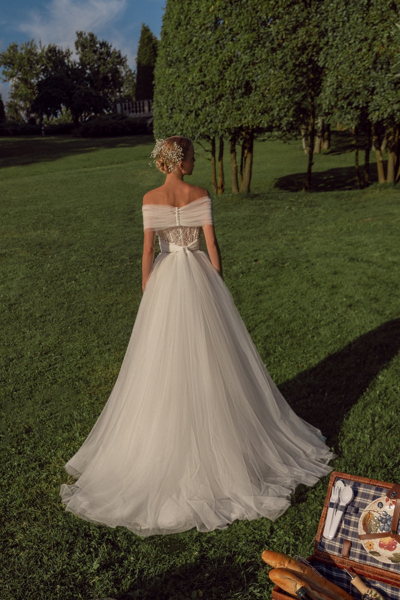 Sparkle Mini Bridal Dress with Elegant Off-the-Shoulder Bolero and Train