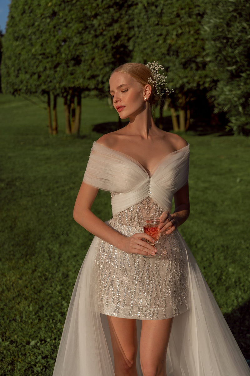 Sparkle Mini Bridal Dress with Elegant Off-the-Shoulder Bolero and Train