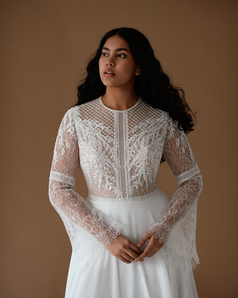 High-Neck Romantic Bell Sleeves Boho Lace A-Line Wedding Dress