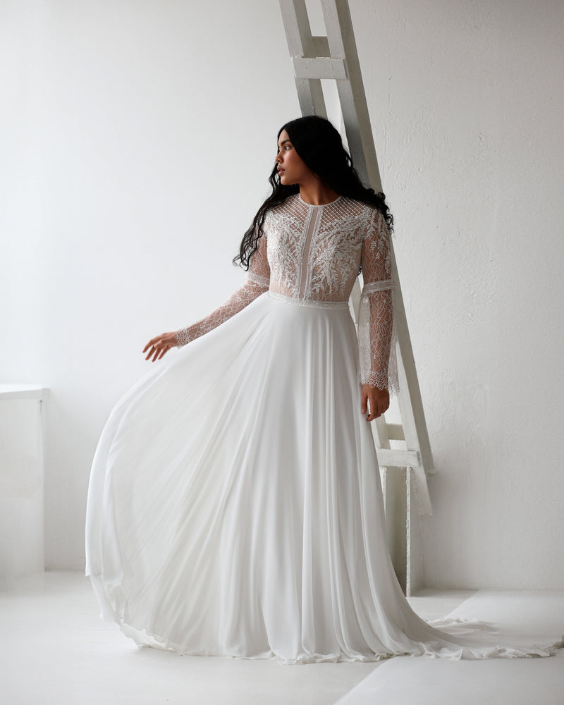 High-Neck Romantic Bell Sleeves Boho Lace A-Line Wedding Dress