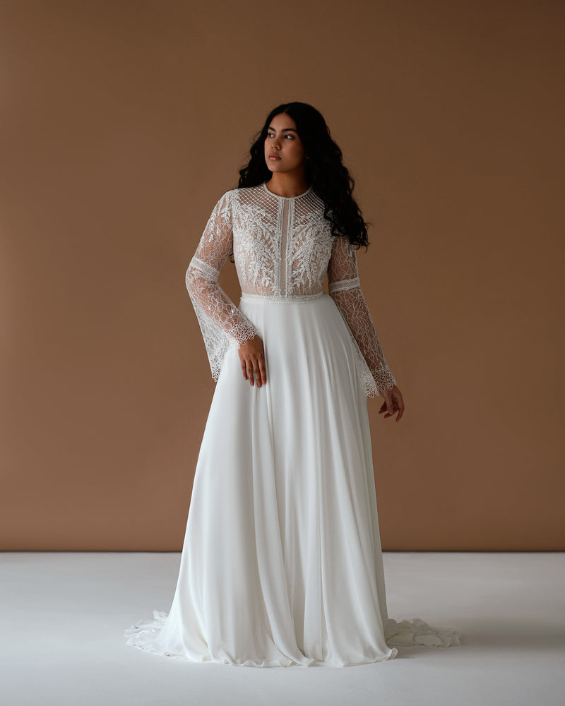 High-Neck Romantic Bell Sleeves Boho Lace A-Line Wedding Dress