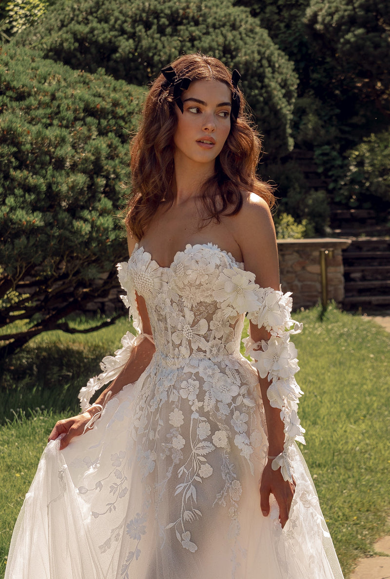 Exquisite Beauty: Off-Shoulder A-Line Wedding Dress with 3D Flowers