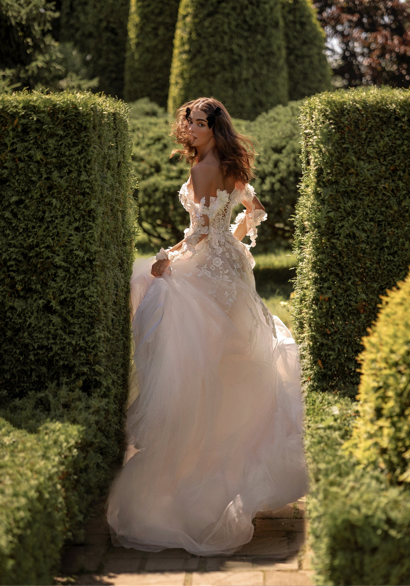 Exquisite Beauty: Off-Shoulder A-Line Wedding Dress with 3D Flowers