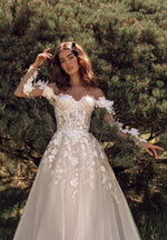 Exquisite Beauty: Off-Shoulder A-Line Wedding Dress with 3D Flowers