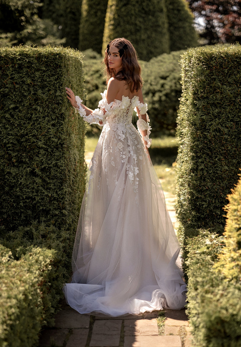 Exquisite Beauty: Off-Shoulder A-Line Wedding Dress with 3D Flowers