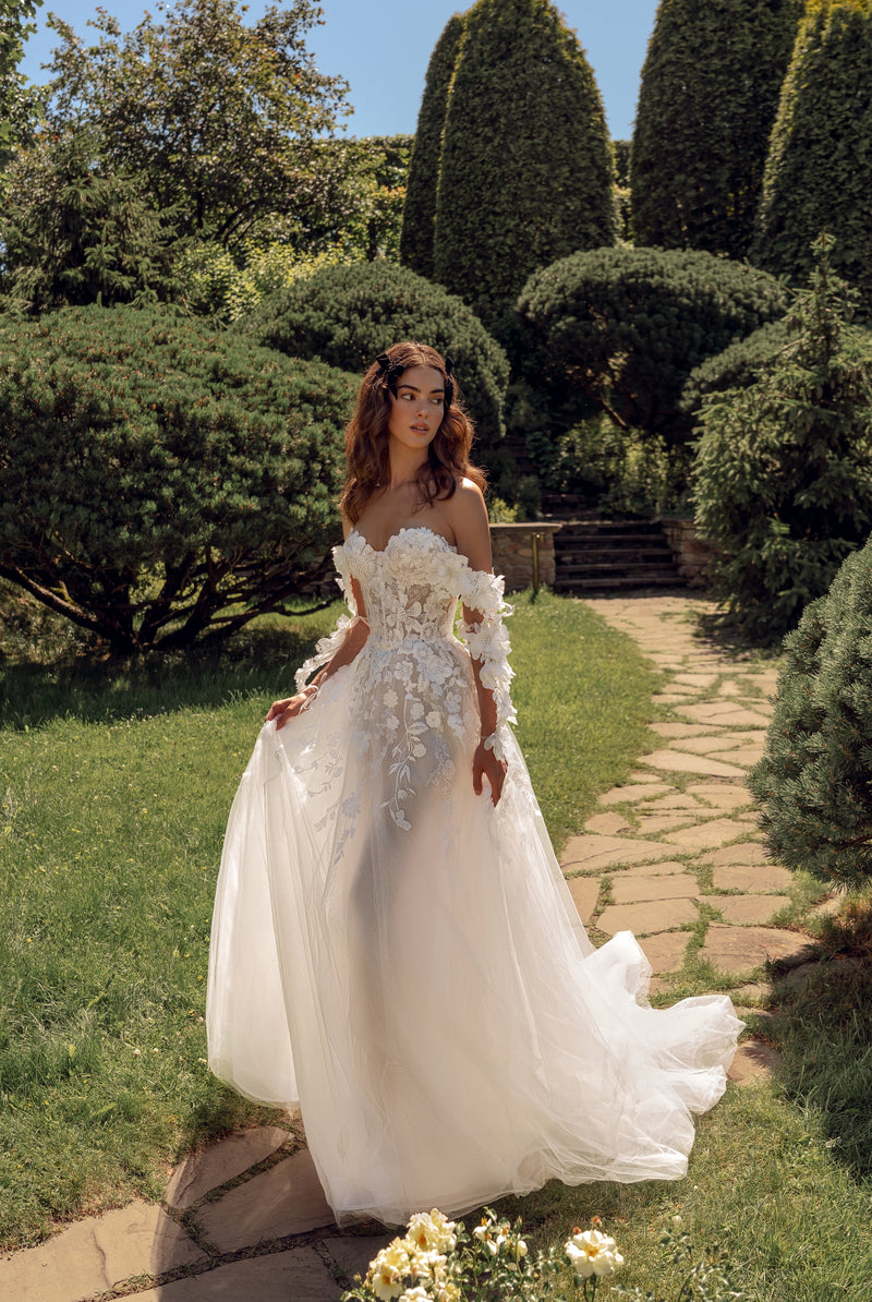 Exquisite Beauty: Off-Shoulder A-Line Wedding Dress with 3D Flowers