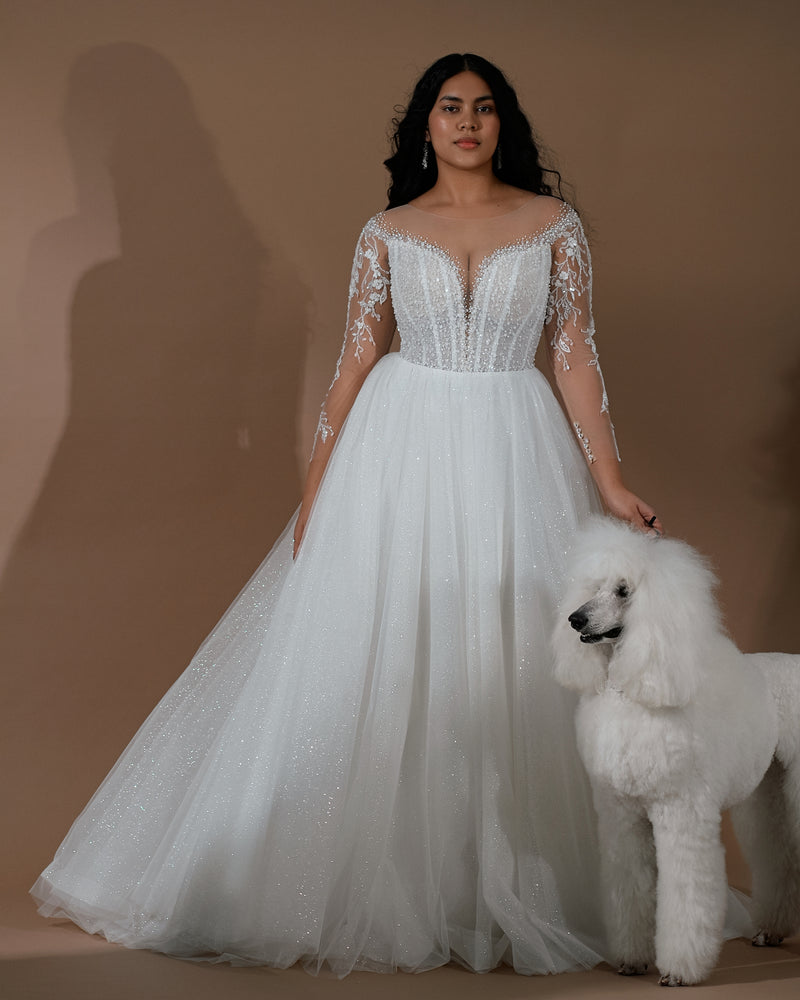 Vestido de novia de tul con purpurina y manga larga de encaje transparente 