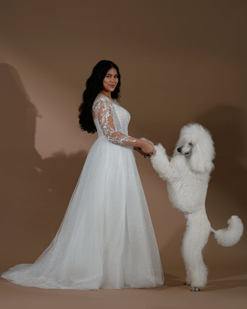 Vestido de novia de tul con purpurina y manga larga de encaje transparente 