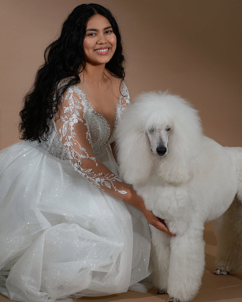 Vestido de novia de tul con purpurina y manga larga de encaje transparente 