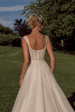 Shiny A-Line Tulle Wedding Gown on Straps with Thigh Slit