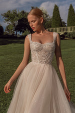 Shiny A-Line Tulle Wedding Gown on Straps with Thigh Slit