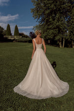 Shiny A-Line Tulle Wedding Gown on Straps with Thigh Slit