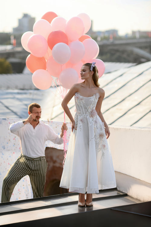 Strapless Midi Dress with 3D Flowers