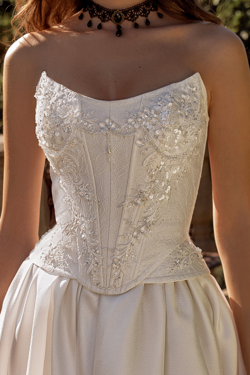 A-Line Wedding Gown with Strapless Corset, Lace-Up Closure Back, and Long Train