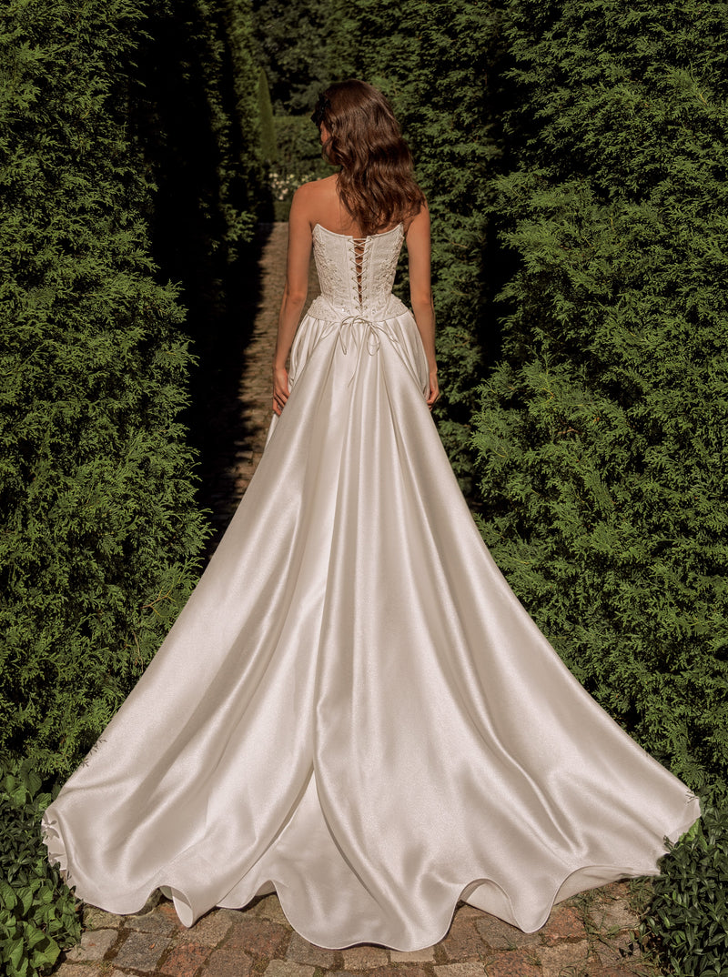 A-Line Wedding Gown with Strapless Corset, Lace-Up Closure Back, and Long Train