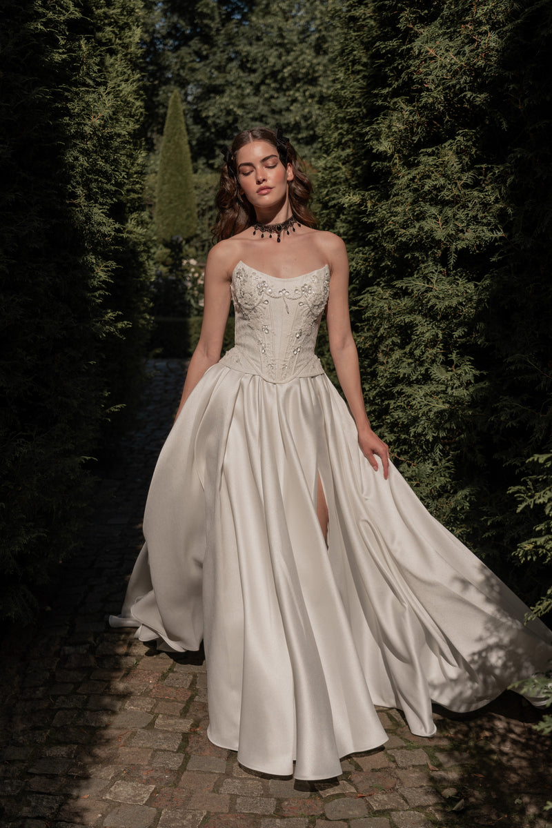 A-Line Wedding Gown with Strapless Corset, Lace-Up Closure Back, and Long Train