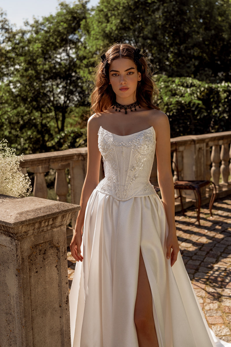 A-Line Wedding Gown with Strapless Corset, Lace-Up Closure Back, and Long Train