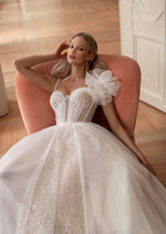 A-Line Spaghetti Strap Sweetheart Sparkle Wedding Dress with One Shoulder Flower