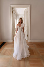 A-Line Spaghetti Strap Sweetheart Sparkle Wedding Dress with One Shoulder Flower