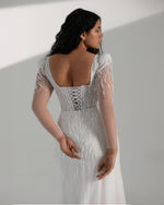 Long Sheer Sleeves Sparkling Square Neckline Corset Back Sheath Wedding Dress