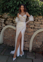 Sparkle Spaghetti Strap Wedding Dress with Wrapover Skirt, Sexy High Leg Slit, and Removable Sleeves