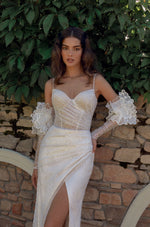 Sparkle Spaghetti Strap Wedding Dress with Wrapover Skirt, Sexy High Leg Slit, and Removable Sleeves