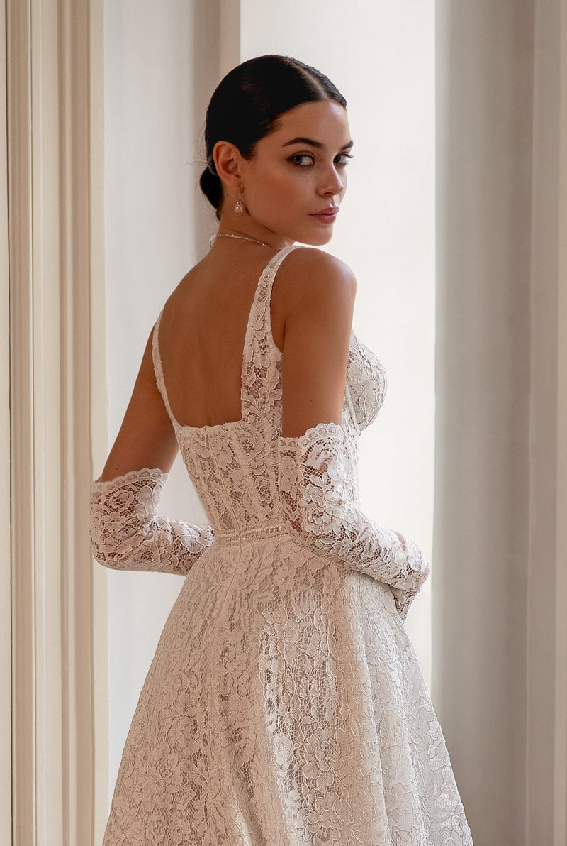 A-Line Lace Romantic Wedding Dress with Removable Sleeves