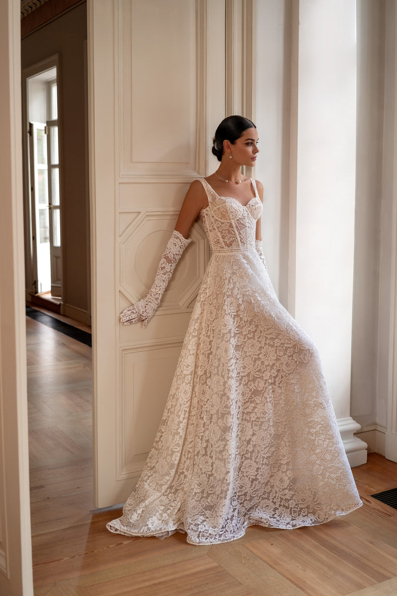 A-Line Lace Romantic Wedding Dress with Removable Sleeves