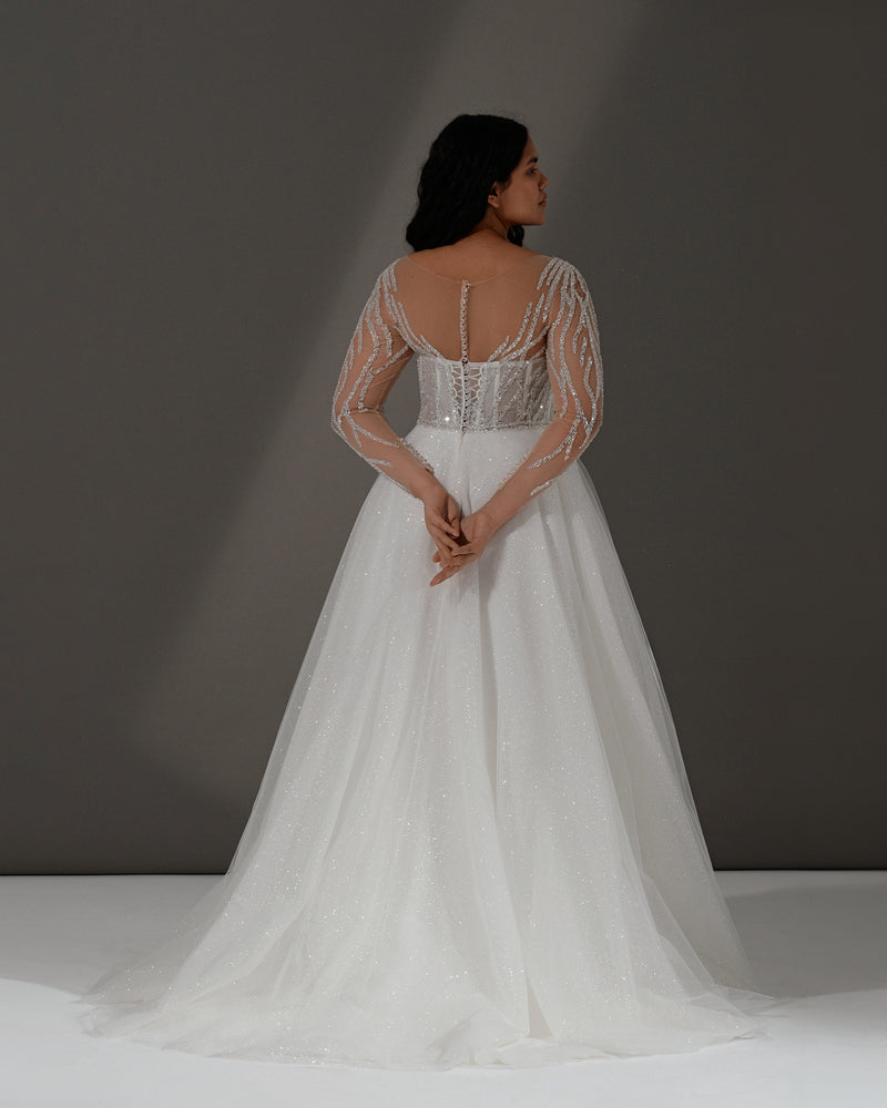 Long Sheer Sleeves Sparkling Corset Back A-Line Wedding Dress