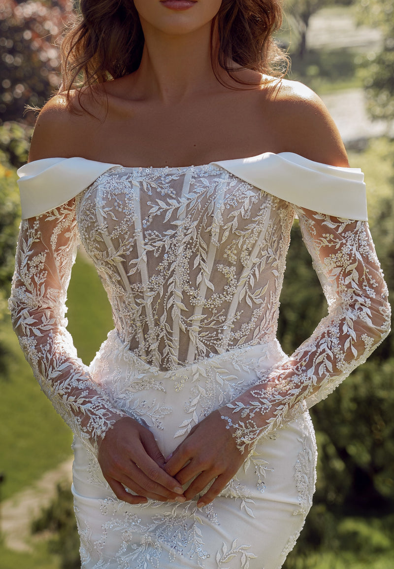 Off-Shoulder Long Sleeve Mermaid Wedding Gown with Removable Train