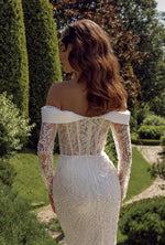 Off-Shoulder Long Sleeve Mermaid Wedding Gown with Removable Train